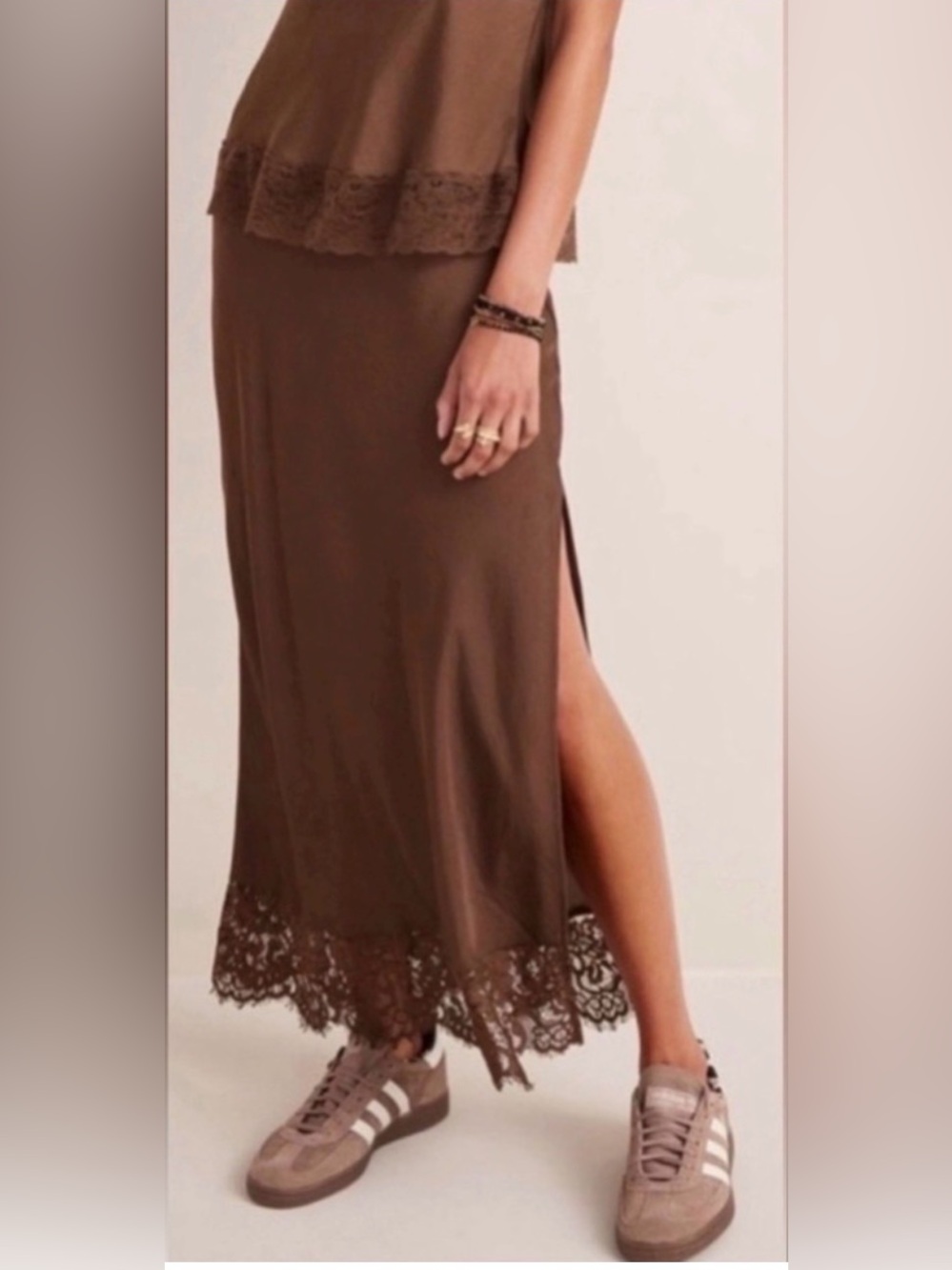 Francesca's Jill Lace Hem Satin Midi Skirt